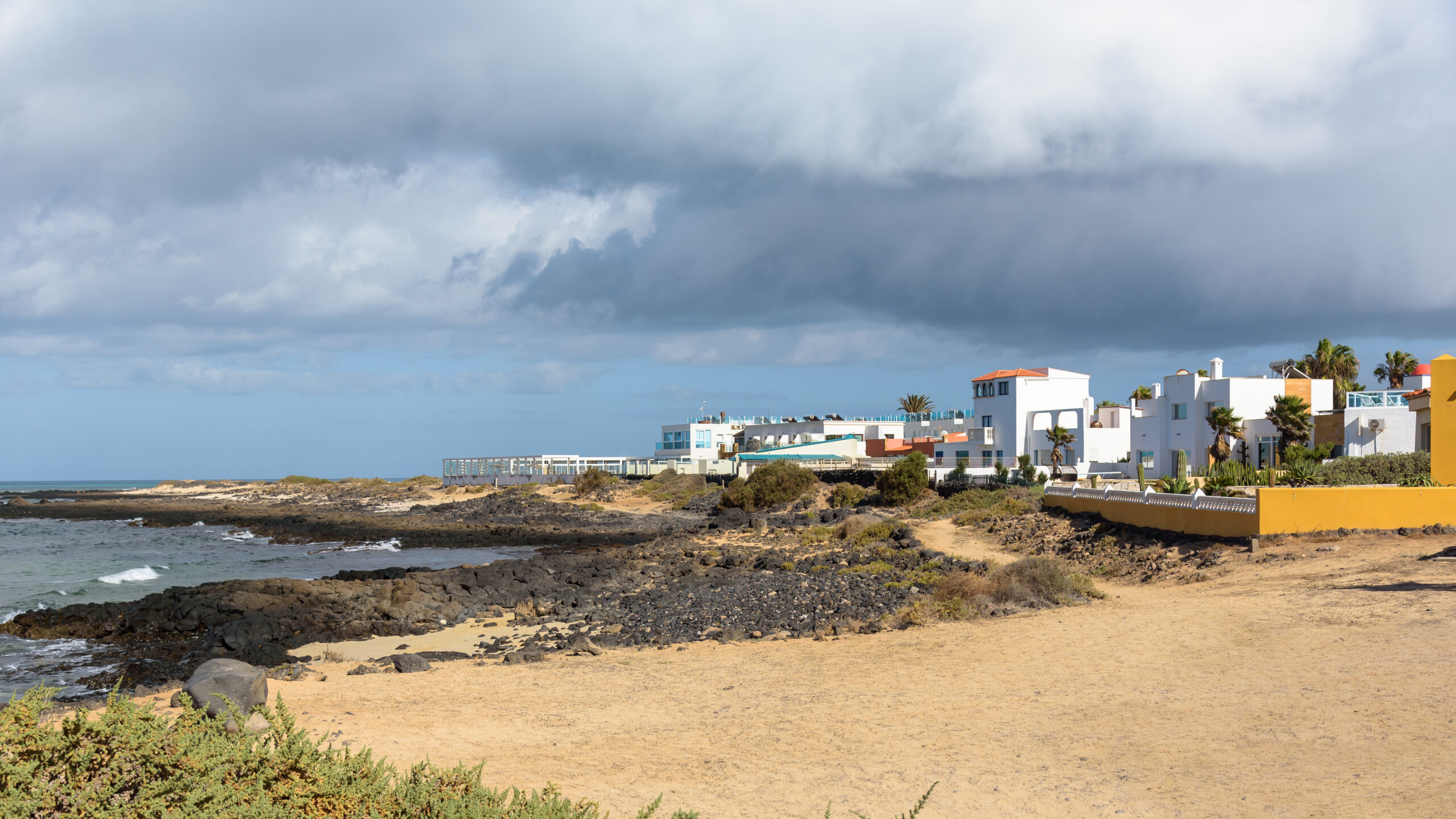 View of built-up coast in Corralejo on Fuerteventura. Canaries, Spain