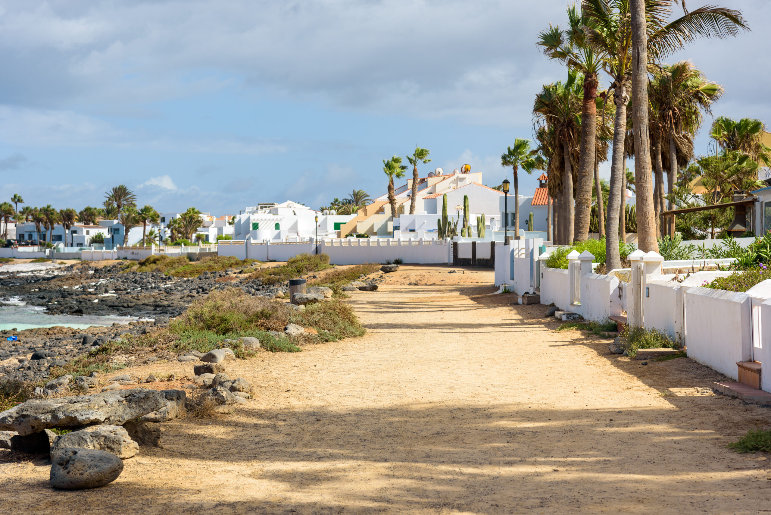 Picturesque coast walk path in Corralejo on Fuerteventura. Canaries, Spain